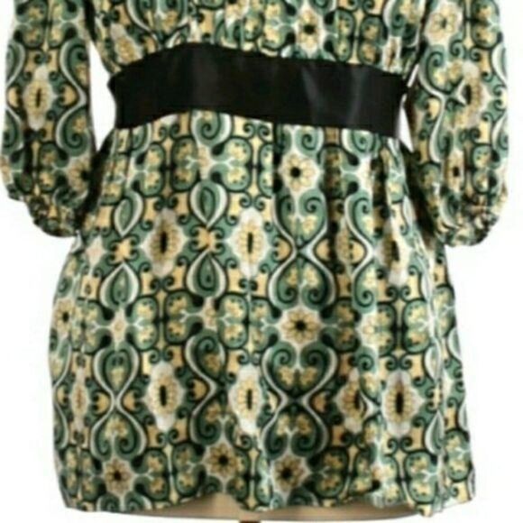 Studio M Silk Blouse Scoop Neck Puff Sleeve Tie Waist Regal Scroll Ikat Green - Picture 6 of 10